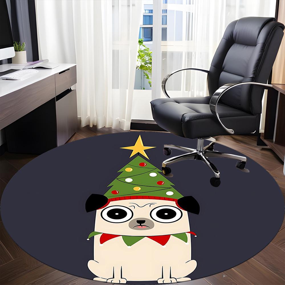 1pc Christmas Pug Office Round Area Rug, Indoor Mat Suitable ForOffice, Under Office Chairs Bedroom Living Room Home Decor, Room Deco T117