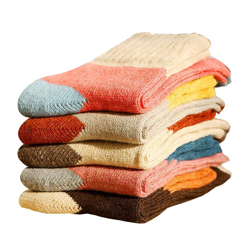 5/10 par damskich zimowych skarpet wełnianych w bloki kolorów, gruba dzianina pętelkowa, ciepły ręcznik, vintage, codzienne, uniwersalne skarpetki