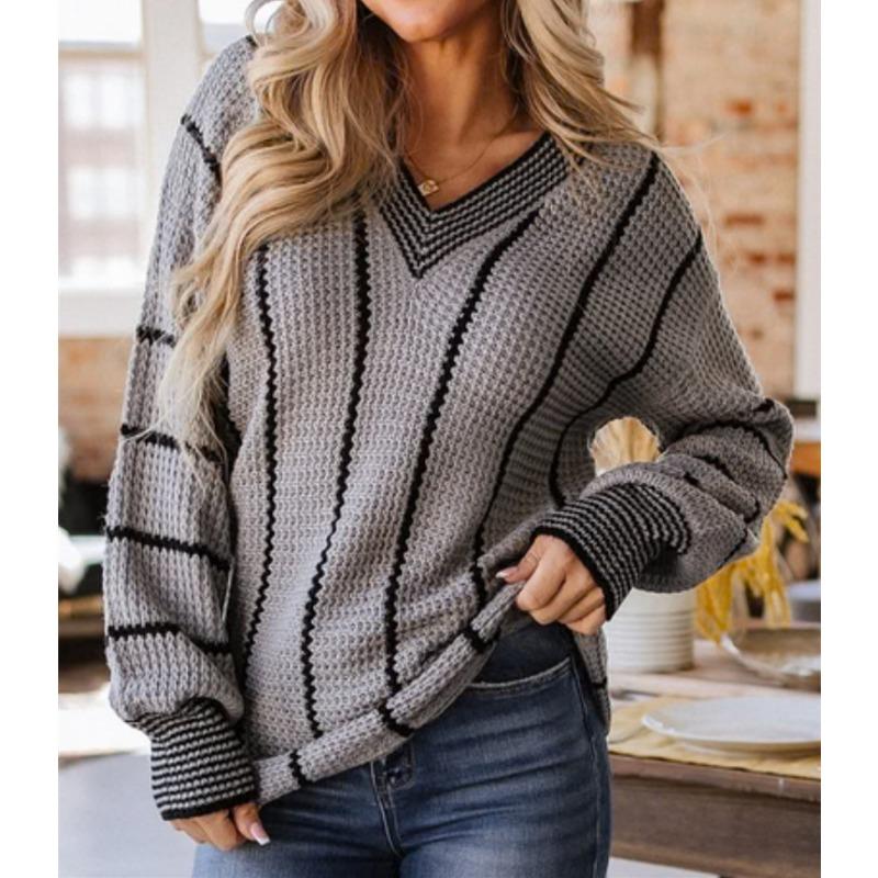New Autumn and Winter Knitted Sweater Women's Top V-neck Contrasting Color Striped Pullover Loose Sweater Women