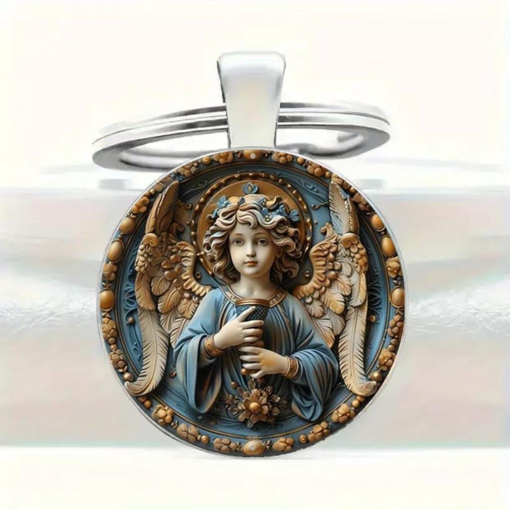 Round Glass Alloy Pendant Keychain Angel Design Durable Metal Key Ring Accessory Suitable for Everyday Use and Gift Purposes
