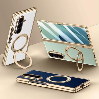 Rotatable Metal Magnetic Bracket Central Axis Leather Phone Case for Samsung Galaxy Z Fold 7 Slim Glass Protect Film Back Cover