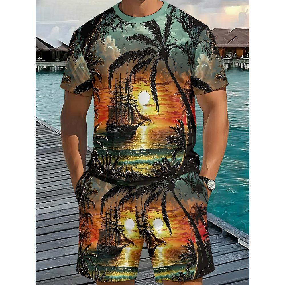 

Men s Summer Sports Plus Size 2-piece Set Comfortable Loose Breathable Fashionable Colorful Creative Fun Beach Coconut Trees 3D Print Sports Wear S