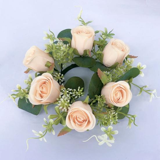 Artificial Rose Candle Ring Wreath Faux Silk Floral Wedding Centerpiece Rustic Fake Rose Candle Holder for Christmas Home Table Decor