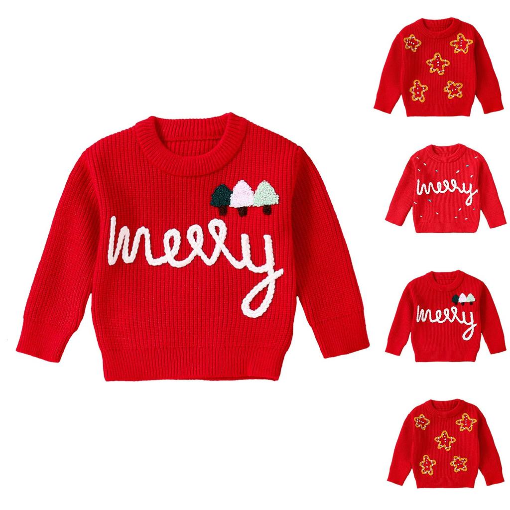 Autumn and Winter Cute Knitted Children's Christmas Sweater Warm Casual Boys and Girls Jumper Letter Embroidery Santa Hat Children's Pullover Top