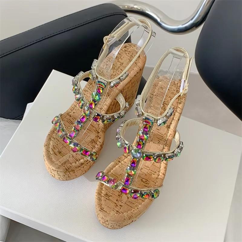 

Fashion Eilyken Open Toe CRYSTAL Rhinestone Sandals Women Fashion Style Platform Wedges Wood Grain High Heels Female Shoes 35 абрикосовий