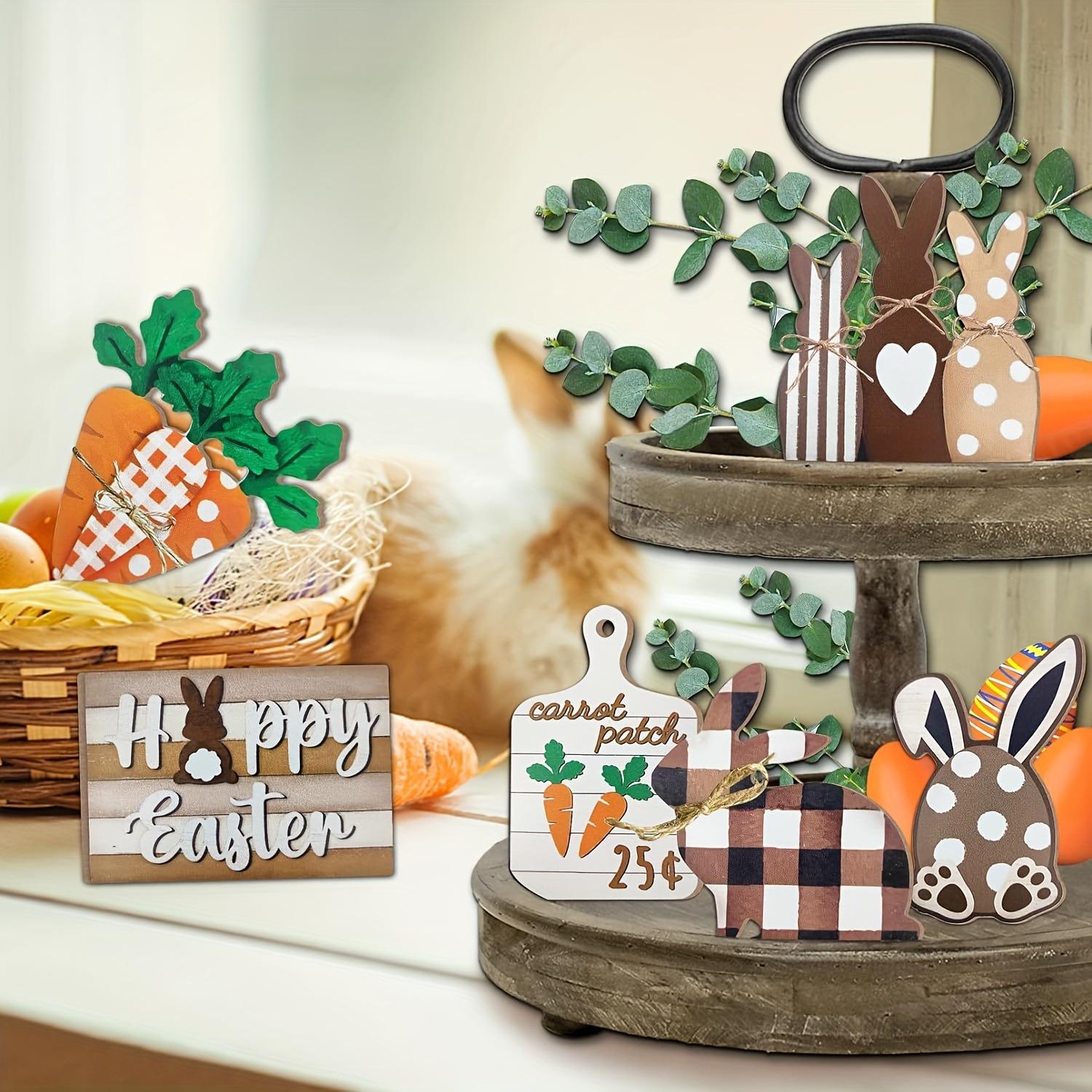

Easter Bunny Tiered Tray Decor Set Farmhouse Wooden Sign Carrot Plaid Pattern Display Ornament Type A
