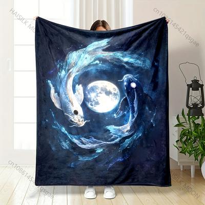 Two Glowing Fish Circling Moon  Print Blanket Warm Soft Suitable for All Seasons for Home Sofa Travel Camping Picnics RV