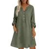 Women Loose Fit Stand Collar Button Down Linen Cotton Dress Long Sleeve Casual Tunic Shirt Dress with Pockets for Everyday Wear