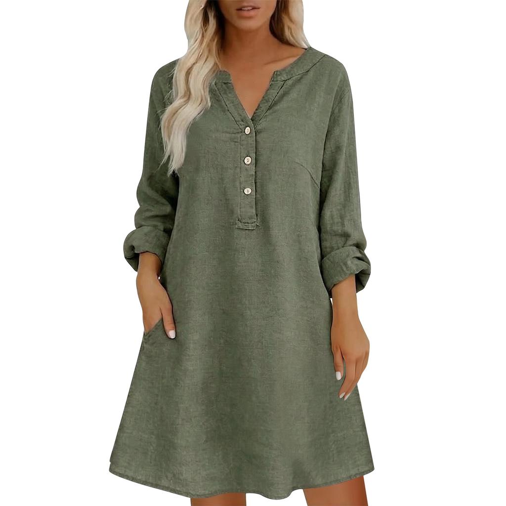 Women Loose Fit Stand Collar Button Down Linen Cotton Dress Long Sleeve Casual Tunic Shirt Dress with Pockets for Everyday Wear