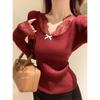 Spring Christmas Red Lace Collar Knitted Bottoming Shirt Women's Beautiful Slim-fitting Inner Top Pure Desire Wind Sweater