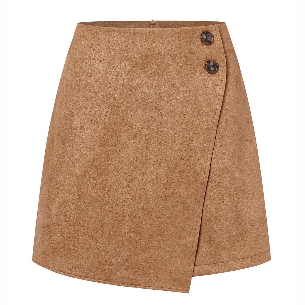 Suede Irregular Skirt Solid Color High-waisted Zipper Button Skirt Women