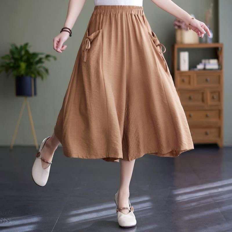 Women's Nylon Wide-Leg Elastic Waist Pants - Summer 2026 Collection, Loose Fit, Plus Size, Solid Color, Flare Skirt Style, Casual Cropped Length.