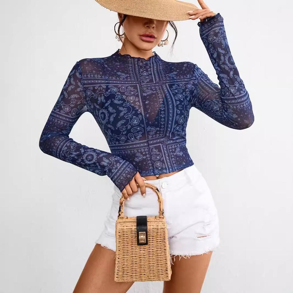 Άνοιξη και Καλοκαίρι Κομψό Γυναικείο Διχτυωτό Μπλουζάκι με Στάμπα Όρθιος Γιακάς Μακρυμάνικο Κοντό Μήκος Τοπ για Γυναίκες Ευέλικτο Μοντέρνο Πουκάμισο