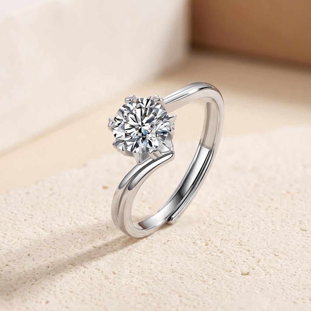 Factory Direct Sale Snowflake Flower Heart 6-prong Round-cut Moissanite Sterling Silver 925 Adjustable Band Anniversary Gifts.