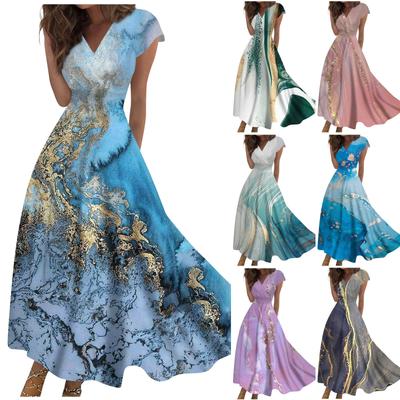 Langes Damenkleid, Maxikleid, Freizeitkleid, Chiffon-Kleider, Swing-Kleid, einfarbig, lässig, reif, Outdoor, Alltag, Date, gerüscht, kurzärmelig, V-Ausschnitt
