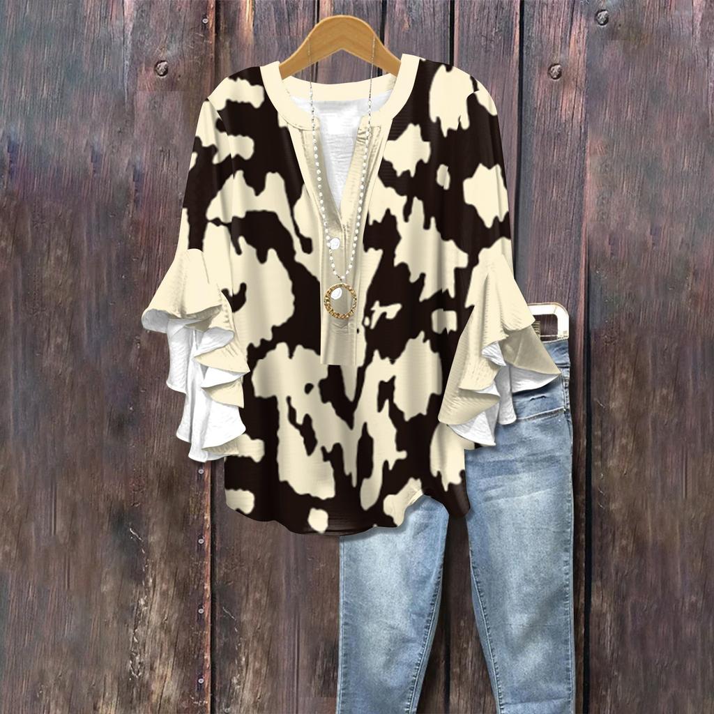 Summer Tops For Women Cute V Neck 3/4 Sleeve Blouses Floral Print Top Casual Shirts