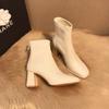 Versatile Short Boots! Skinny Boots Thick Heel Women's Autumn and Winter Velvet Square Head High Heel Cowhide Bare Boots 7cm Small Man Looks Tall