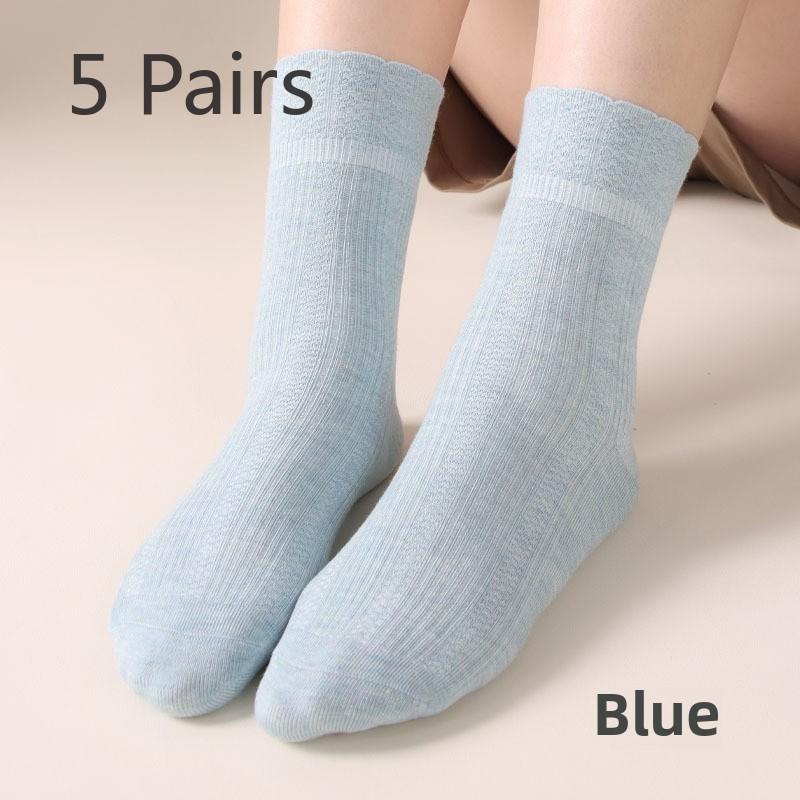 5 Pairs Women's Autumn and Winter Ribbed Soft Mulberry Silk Women's Fresh Double Stitch Hand Stitched Women's Mid-tube Socks