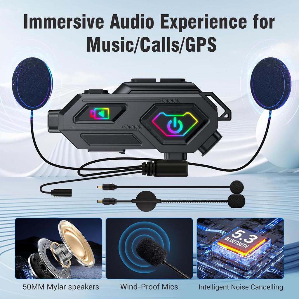 IPX6 Motorcycle Bluetooth 5.3 Intercom 1080P Dashcam 120° Camera 50H Battery