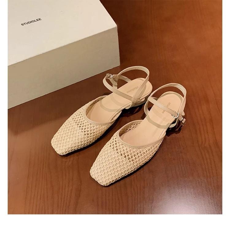 Sheepskin~ Grape mother French hollow woven sandals women's summer wear light mouth thick heel bag head empty Roman shoes