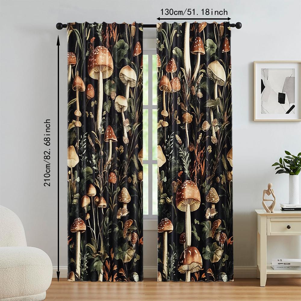 2 Pcs, Versatile Polyester Transparent Curtains for Home Decoration Boho Mushroom Pattern for Use In Bedrooms and Living Rooms