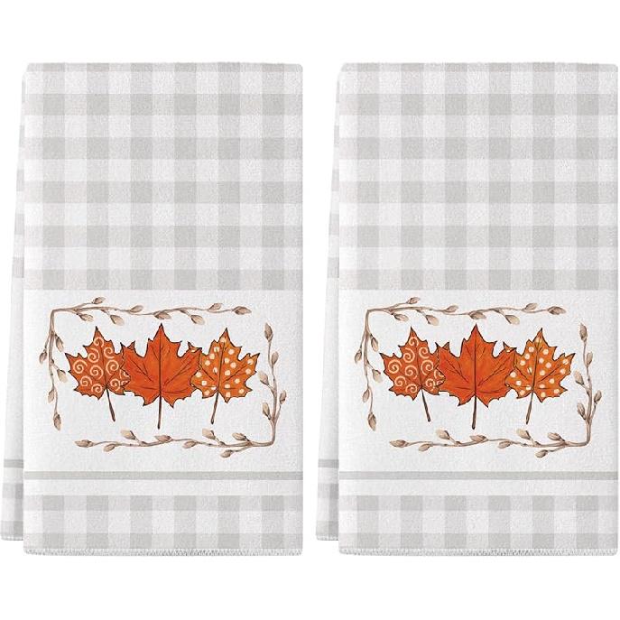 Siilues Fall Kitchen Towels 18x26 Inch Set of 2, Leaves Pumpkin Hand Towels Fall Decorations for Home Seasonal Autumn Thanksgiving Home Kitchen Decor
