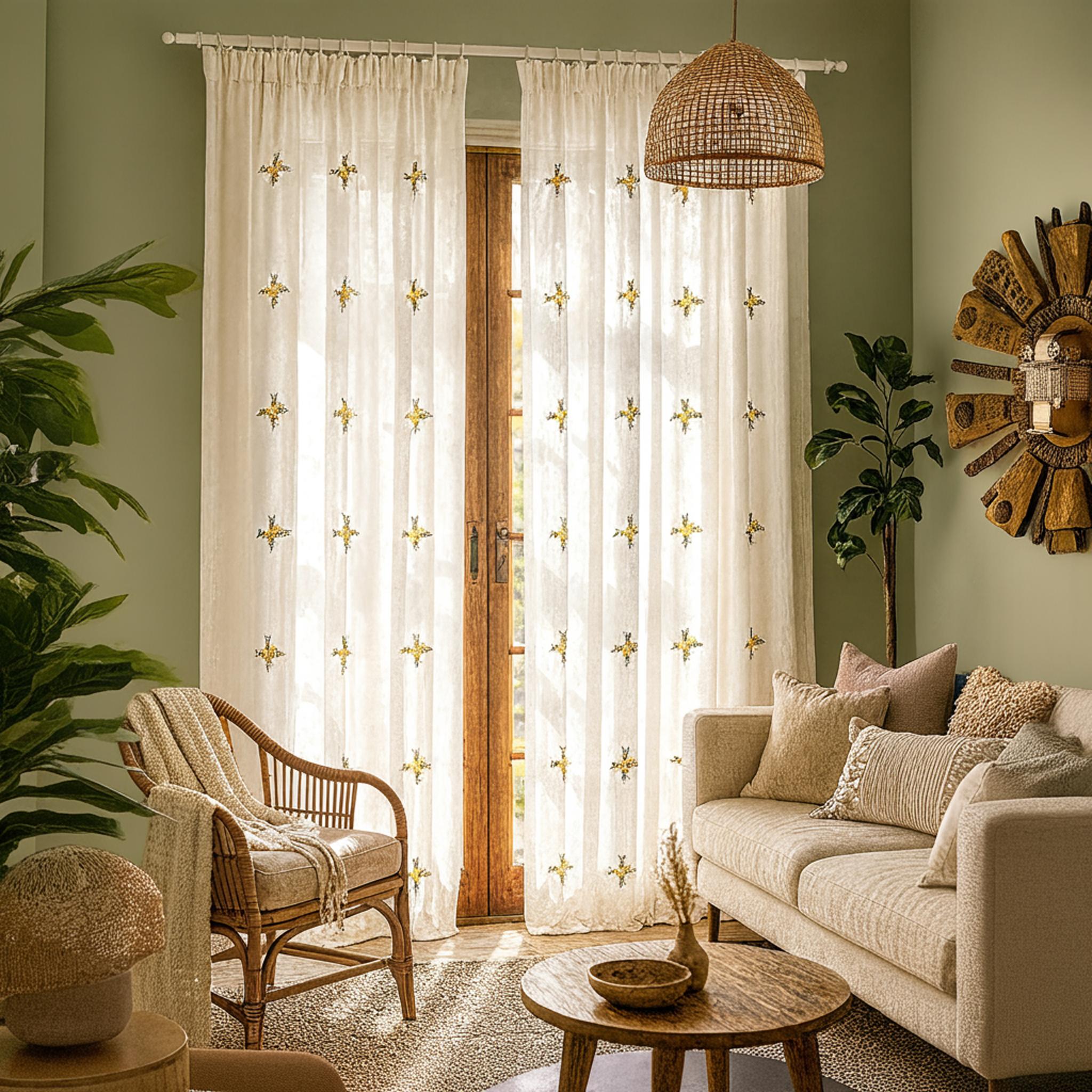 Полупрозрачная штора с желтым цветочным ручным вышиванием жёлтый