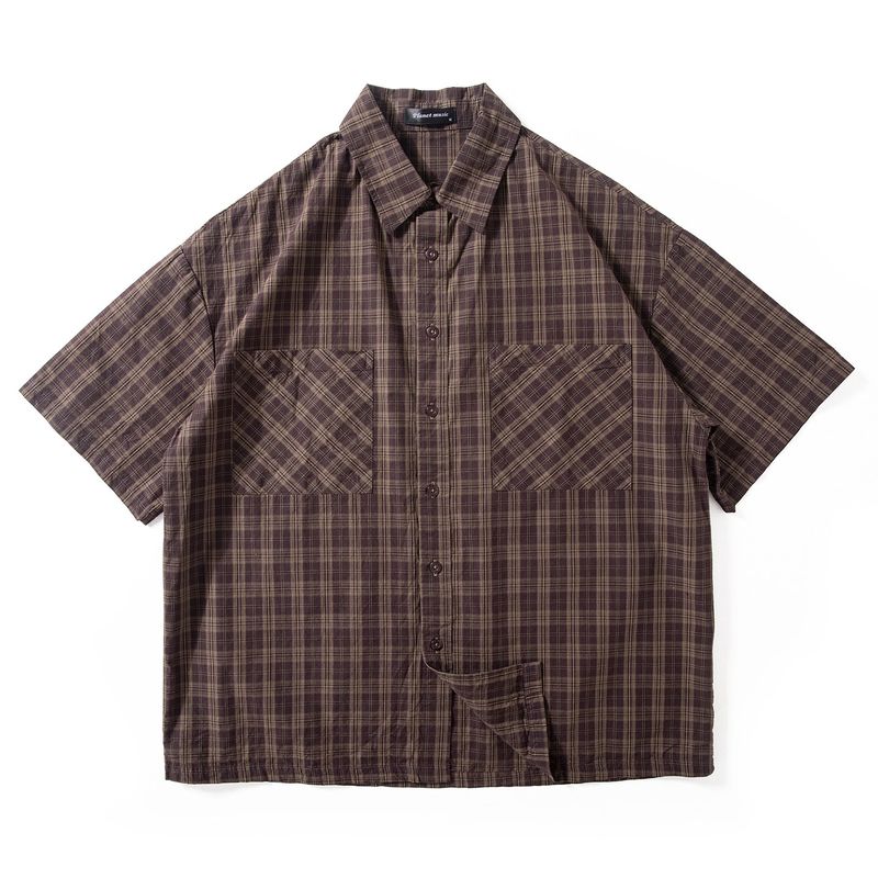 Short-Sleeved Shirt for Men, Summer Trendy Japanese Retro Plaid Cotton Top, Loose Wide-Fit Artistic Half-Sleeve Shirt