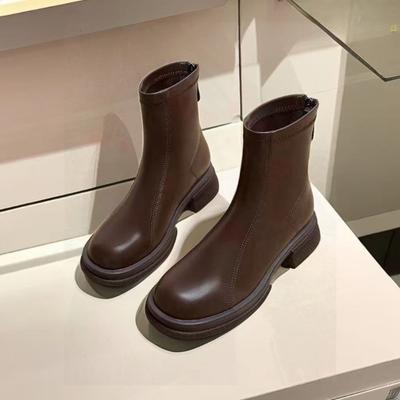 Soft Leather Short Boots Women's Autumn and Winter Thin Small Ankle Boots Brown Thick-soled Comfortable Fried Street Martin Boots