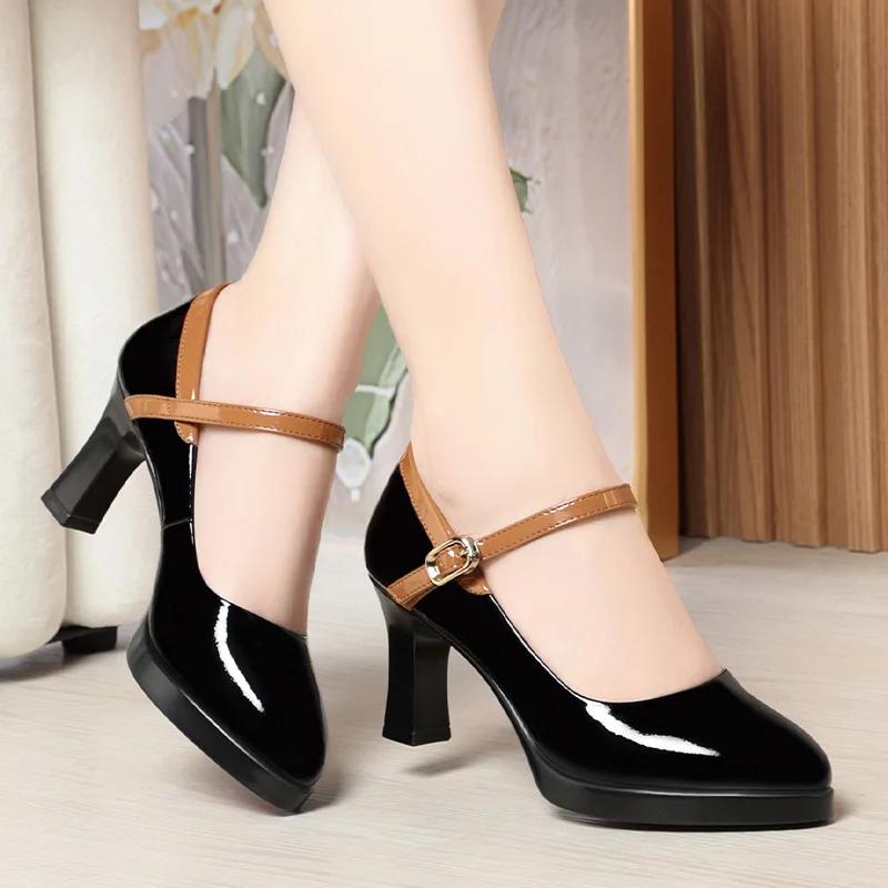 

7cm Fashion Shallow Ankle Buckle Patent Leather Shoes Women s Mary Janes 2025 Spring Block High Heels Shoes for Office Model 34