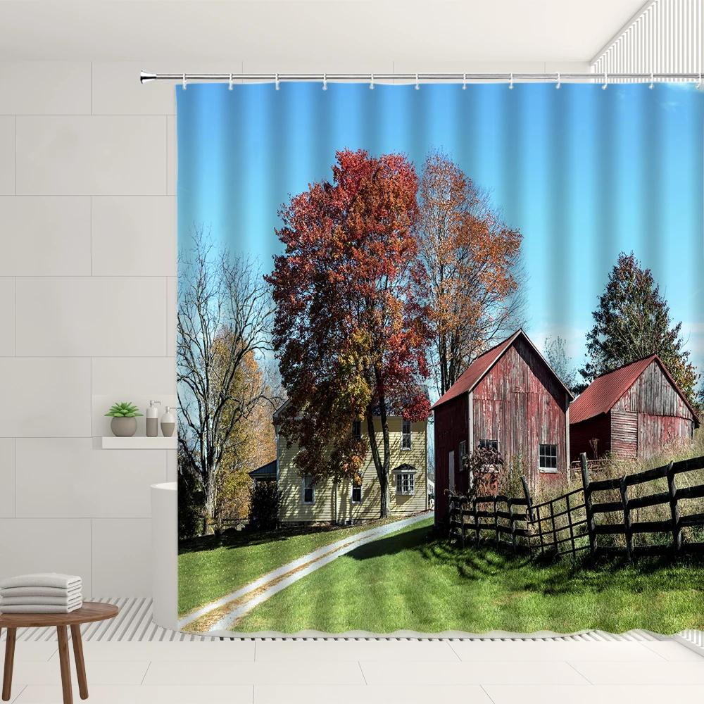 Farm Scenery Shower Curtain Old Retro Farmhouse Green Bamboo Forest Tree Autumn View Garden Decor Wall Covering Bathroom Screens