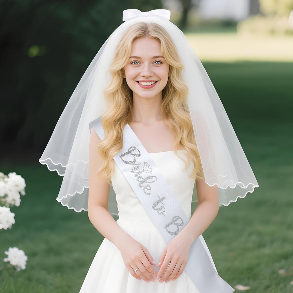 Bridal Bow Embroidery Pearl Veil Shoulder Strap Set Bride To Be Bachelorette Party Dress Up