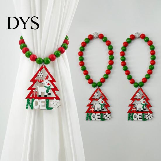 Wooden Bead Curtain Tiebacks 1 Pair Xmas Charm Christmas Ties Beaded Holdbacks for Drapes Living Room Bedroom Nursery Decor Easy-operate Holders