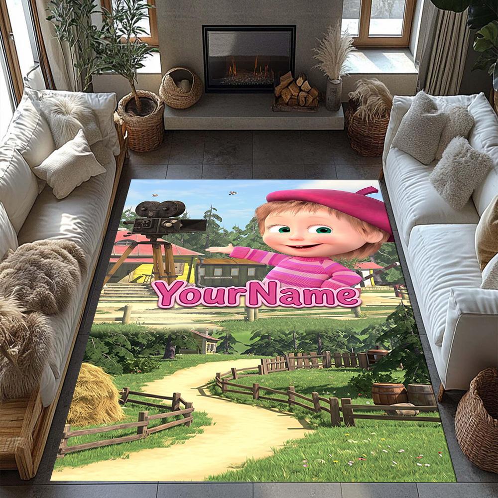 Masha Bear Customized Name Floor Rug Office Rug Perfect for Decorate Room Foyer Playrooms Dormitory Anti-slip Rug Decorate Offices