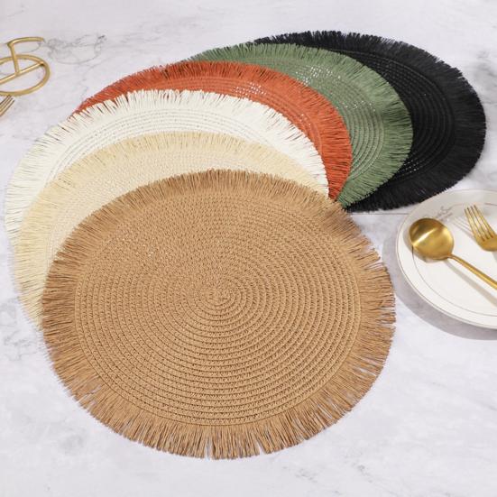 Braided Round Placemats Woven Tassel Table Mats for Kitchen Dining Heat Resistant Natural Fabric Place Mats Indoor Outdoor Use