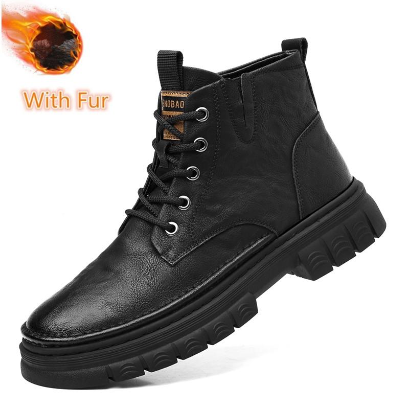 Classic Mens Sneakers Fashion Motocross Boots Lace Up Non-Slip Ankle Boots Winter Plush Snow Boots Mens High Top Outdoor Shoes