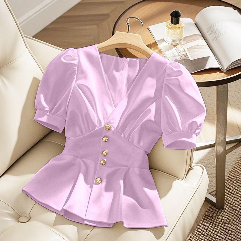 Chic Blue French Niche Short-Sleeve Blouse - Stylish Women's Outerwear for Summer 2026