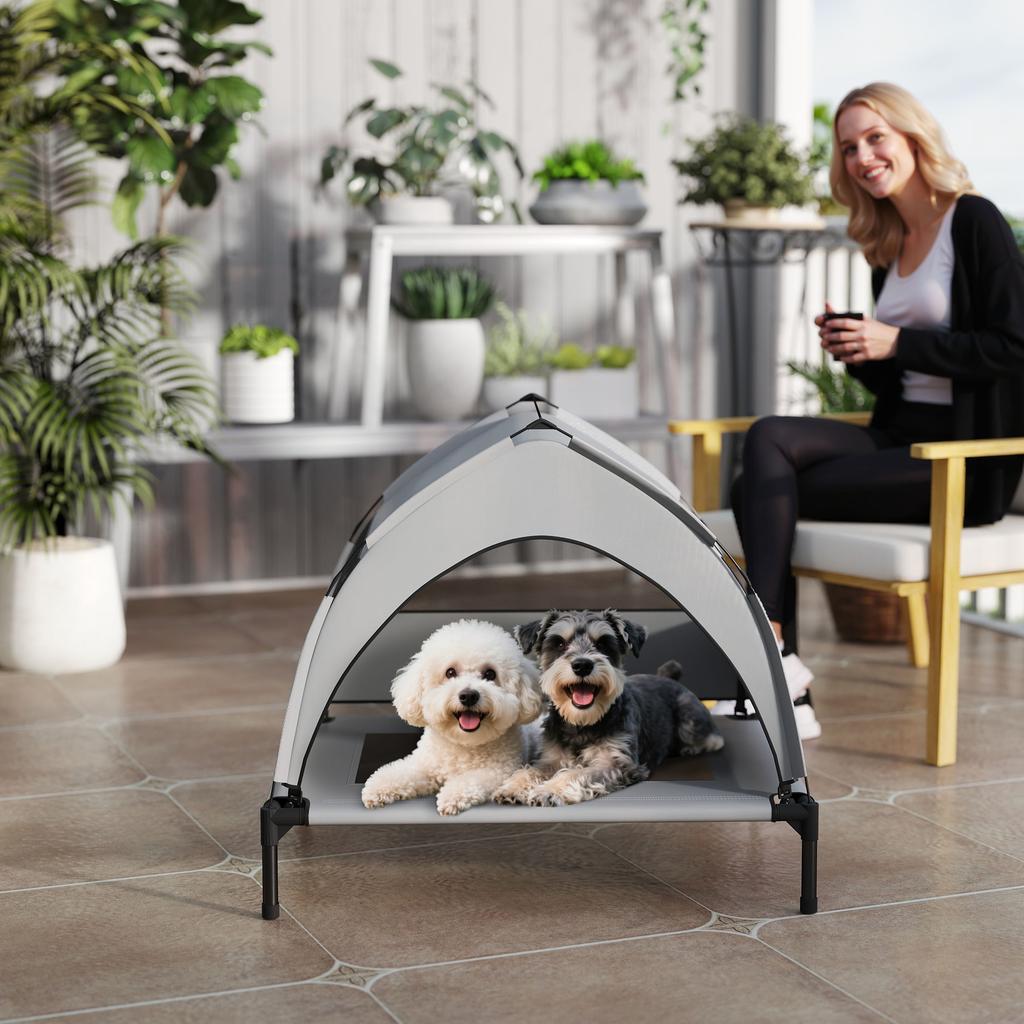 Elevated Dog Bed Tent with Canopy, 3-Sided Textilene, Bag, 76 x 61 x 70 cm, Light Grey