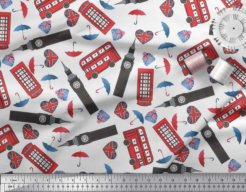 Soimoi Japan Crepe Satin Fabric Bus,Telephone Booth & London Clock Tower Architectural Print Sewing Fabric Metre 42 Inch