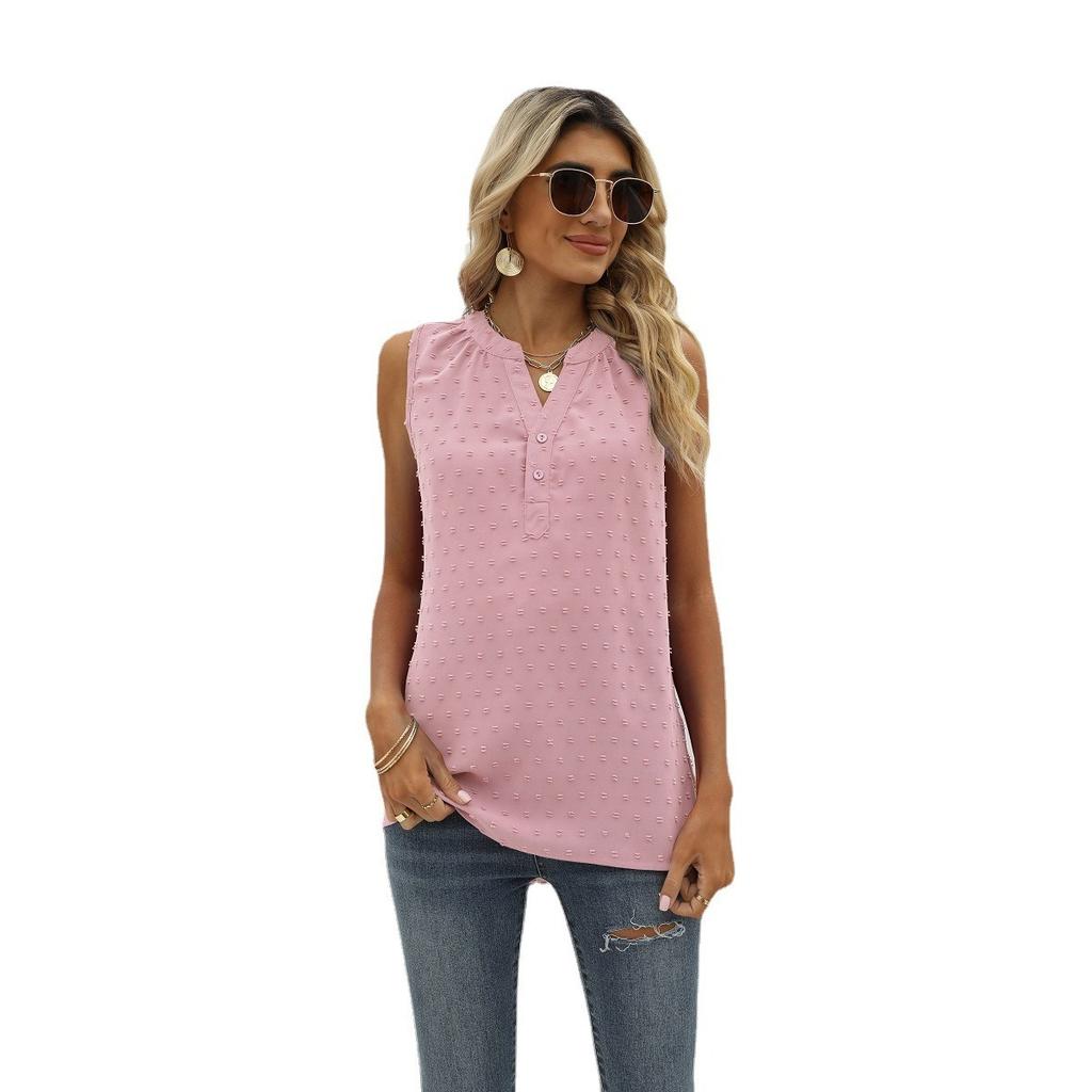 Summer Women's Solid Color Chiffon Loose V-Neck Jacquard Sleeveless Casual Vest Top for Crossborder European American