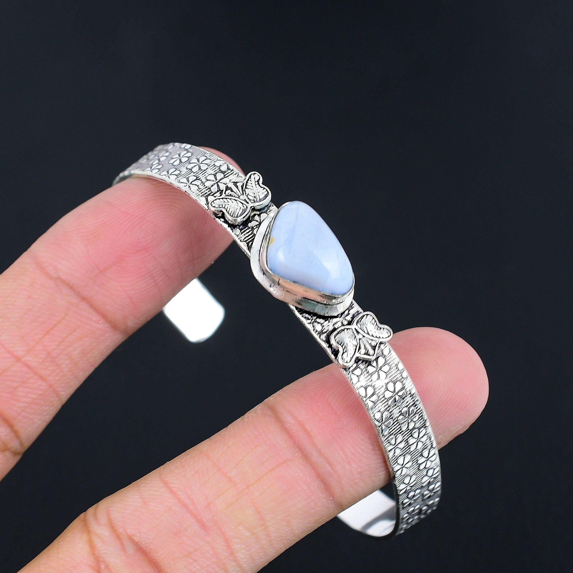 

925 Silver Trillion Natural Owyhee Blue Opal Wife Anniversary Engagement Bangle Adjustable
