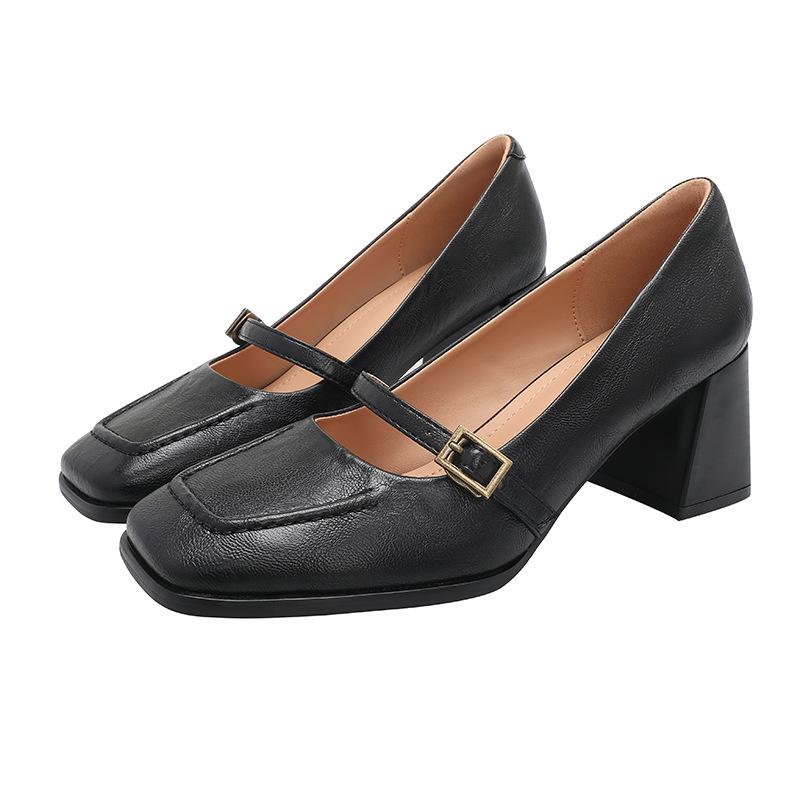 Buty Mary Jane na grubym obcasie Retro kwadratowy nosek Damskie buty Temperament Pojedyncze buty Francuskie eleganckie buty do pracy Płytkie wycięcie Wysokie obcasy