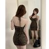 Retro leopard print neck suspender dress women's summer spice girl backless V-neck slim waist and thin hip skirt