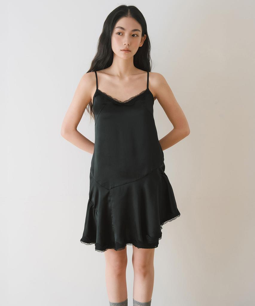 Ieoning Lace Shirring Slip Mini Dress, Black