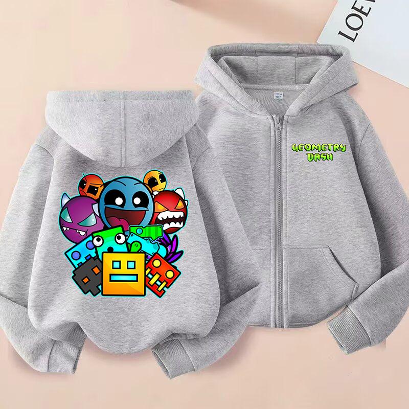 Sudadera con capucha y cremallera impresa de Geometry Dash Ropa para niño y niña Tops casuales Chaqueta abrigo de manga larga Sudaderas con cremallera de dibujos animados para niños