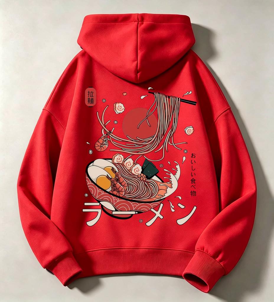 Autumn/Winter Children's Casual Hooded Sweatshirt - Retro Cartoon Japanese Ramen Bowl Print Long Sleeve Pullover Shirt