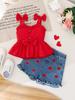 Summer Baby Girl Fashion Set: Decorative Buckle, Bow, Ruffle Trim, Strappy Top, Heart-Patterned Embroidery, Denim Shorts – 2-piece Set
