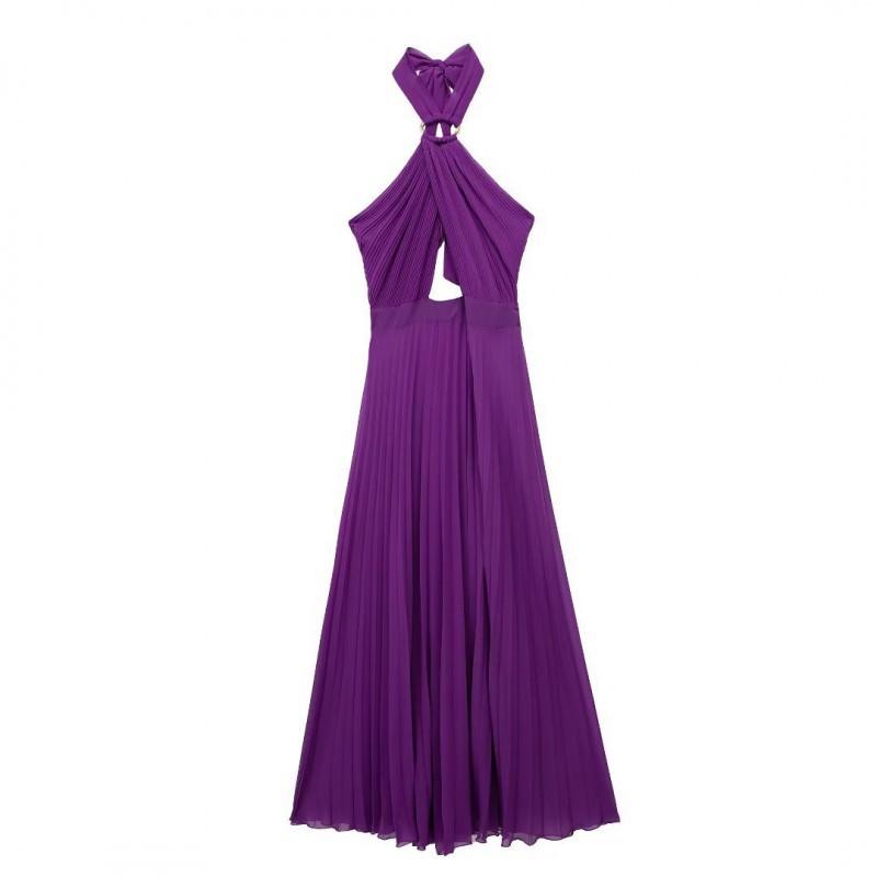 European American Women's Clothing Summer French Fashion Hanging Neck Backless Pleated Midi Dress