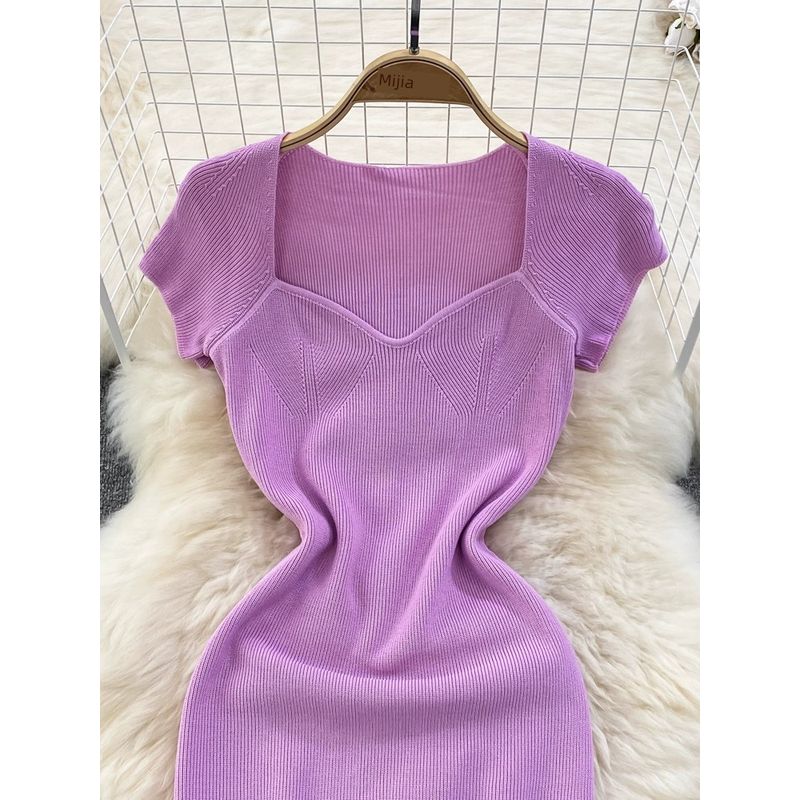 Summer K-style Square Collar off-Shoulder Knitting Dress