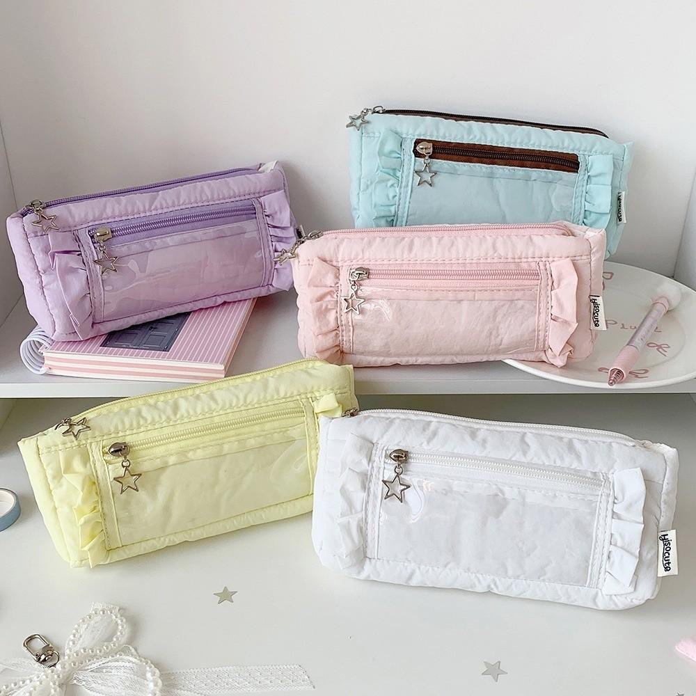 Star Zipper Ruffled Pencil Case Ruffled Edge Pencil Pouch Korean Ruffled Stationery Bag  Office